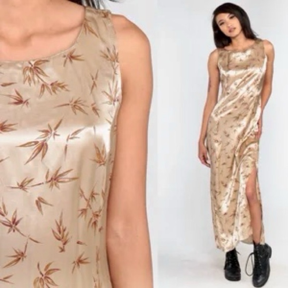 Champagne Maxi Dress Satin Shiny Leaf Print - Vintage 90s - Side Slit - M